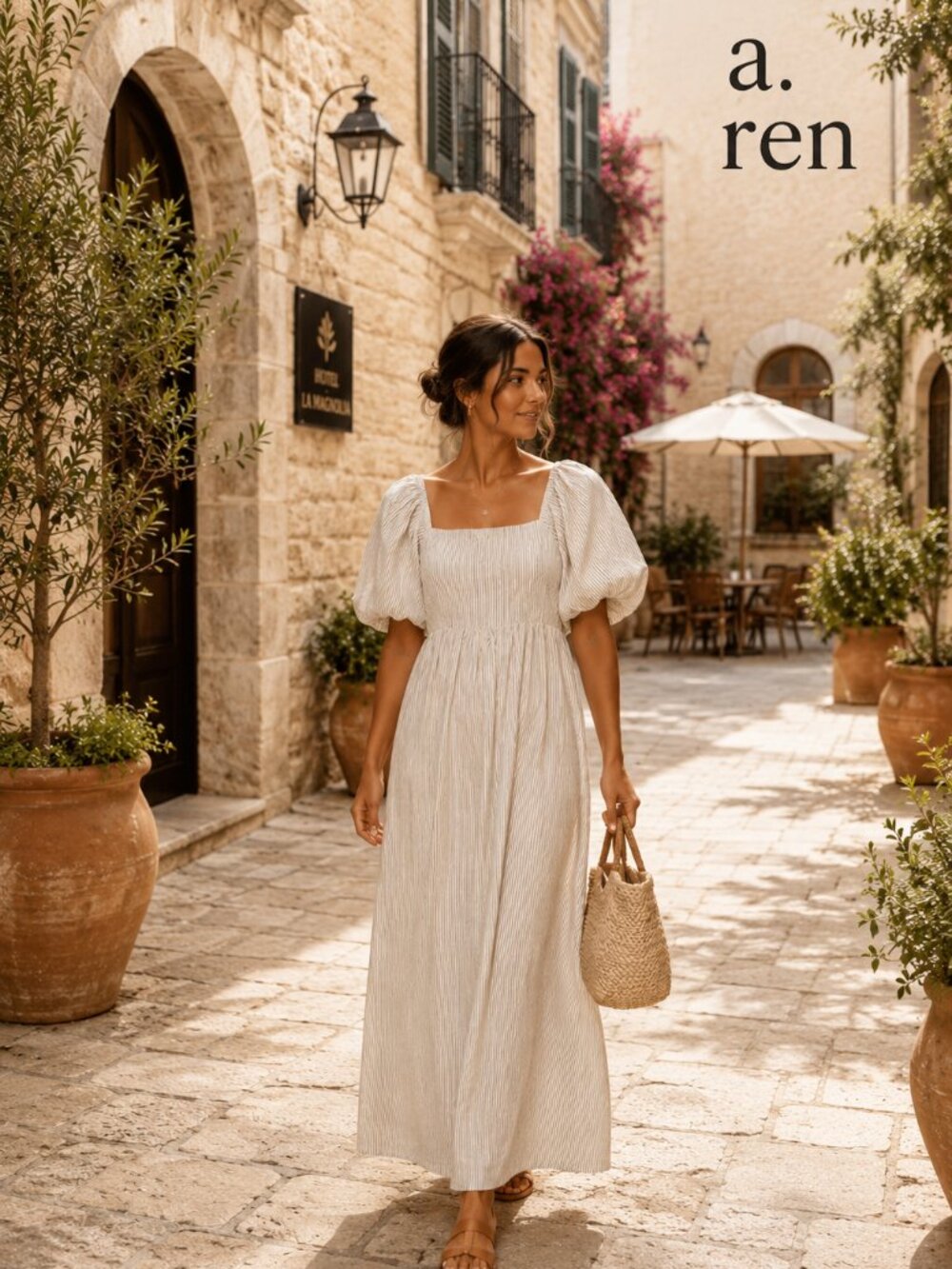 a. ren Cream Black Pinstripe Puff Sleeve Maxi Dress M